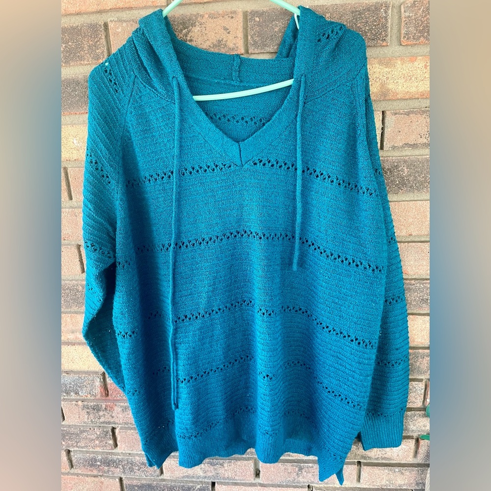Women’s Teal Knit Hooded Sweater Plus Size 3X - Picture 3 of 7